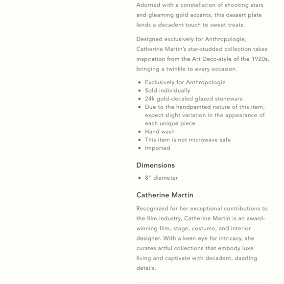 Anthropologie Catherine Martin 24K Gold Decaled Glazed Plate New In Box - Picture 4 of 8